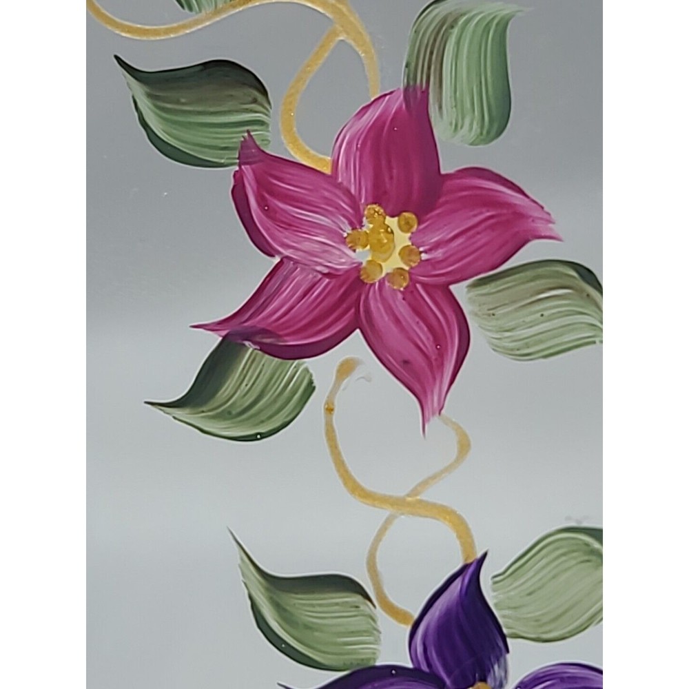 Art Glass Serving Dish Plate Signed Reverse Hand Painted Flowers Floral 9" - Picture 5 of 11